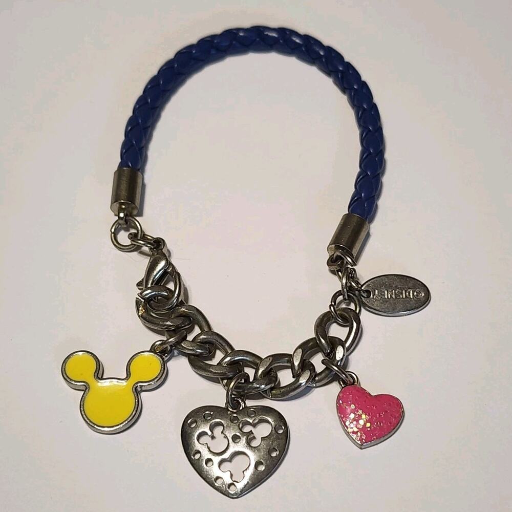 Disney Charm Bracelet Yellow Minnie Hearts Logo Silver Tone Blue Braided Band